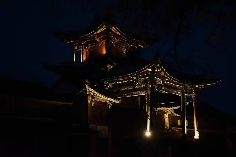 The old theater stage on Sideng Street at night
